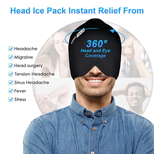 Comfitech Large Migraine Ice Head Wrap, Headache Relief Hat for Migraine Cap for Tension Puffy Eyes Migraine Relief Cap for Sinus Headache and Stress Relief Cold Compress (XL Black)