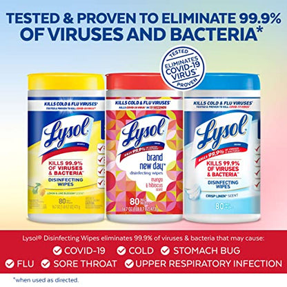 Lysol Disinfectant Wipes Bundle, Multi-Surface Antibacterial Cleaning Wipes, For Disinfecting & Cleaning, contains x2 Lemon & Lim Blossom (80ct) x1 Crisp Linen (80 Ct) & x1 Mango & Hibiscus (80 Ct)