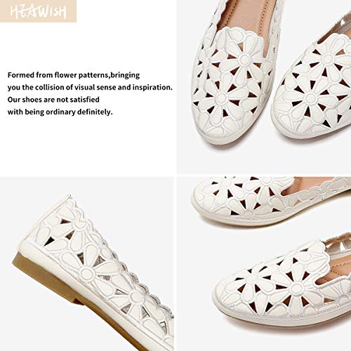 HEAWISH Women's Floral Ballet Flats for Women Black Beige Slip On Flowers PU Leather Round Toe Dress Shoes(Beige, US9)