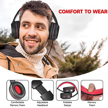 Rydohi Bluetooth Headphones Over Ear,68H Playtime and 3 EQ Music Modes Wireless Headphones with Microphone/Deep Bass, HiFi Stereo Foldable Lightweight Headset for PC Home Travel Office (Black Red)