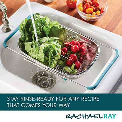 Rachael Ray Tools and Gadgets Over-The-Sink Colander/Strainer, 4.5 Quart, Stainless Steel with Agave Blue Handles