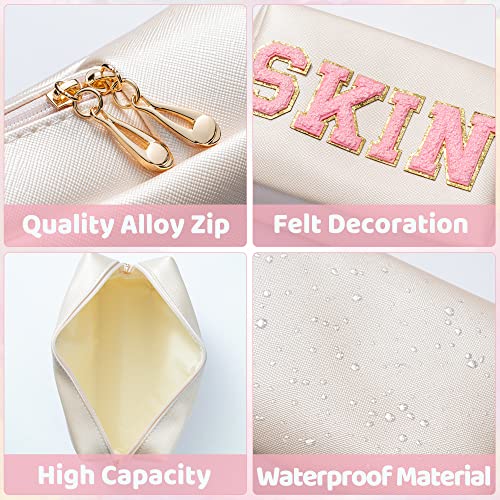 Y1tvei Preppy Patch SKIN Varsity Letter Cosmetic Toiletry Bag PU Leather Portable Makeup Bag Zipper Pouch Storage Purse Waterproof Organizer Gift for Women Teen Girls Daily Travel Use (Shell Gold)