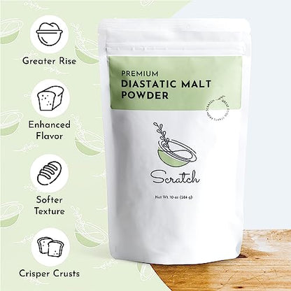 Scratch Diastatic Malt Powder for Baking - (10oz) Dried Barley Malt for Baking Bread - Bread Improver - Premium Baking Ingredients for Breads, Pizzas, Pretzels, Desserts, Shakes and More