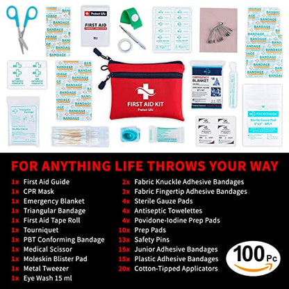 Protect Life First Aid Kit - 100 Piece Includes Tourniquet - Small First Aid Safety Kits for Camping, Hiking, Backpacking, Travel, Vehicle, Outdoors