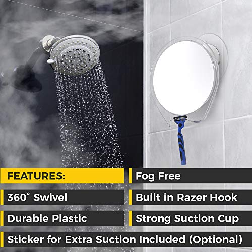 HoneyBull Shower Mirror Fogless for Shaving - with Suction, Razor Holder & Swivel, Small Mirror, Accessories, Bathroom Holds Razors (White)