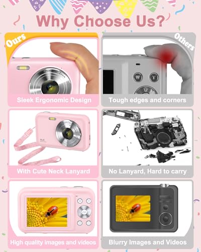Digital Camera, FHD 1080P Kids Camera with Neck Lanyard 32GB Card Battery, Anti-Shake 16X Digital Zoom, 44MP Point Shoot Cameras, Compact Portable Small Gift Camera for Kid Teen Student Girl Boy(Pink)