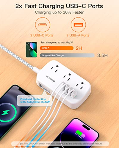 Flat Extension Cord, 5FT Flat Plug Power Strip with USB C, 6 Outlets 4 USB Ports (2 USB C) Slim Desk Charging Station, Power Strip with No Surge Protector for Cruise Ship, Dorm Room Travel Essentials