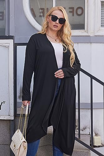 Women's Plus Size Long Sleeve Waterfall Asymmetric Drape Open Long Maxi Cardigan (Black, XXXL)