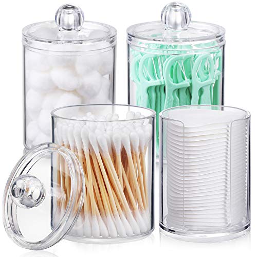 AOZITA 4 Pcs, 10 OZ Qtip Holder Dispenser for Cotton Ball, Cotton Swab, Cotton Round Pads, Floss - Clear Plastic Apothecary Jar Set for Bathroom Canister Storage Organization, Vanity Makeup Organizer