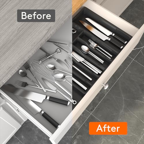 Lifewit Silverware Drawer Organizer, Expandable Utensil Tray for Kitchen, Adjustable Flatware and Cutlery Holder, Compact Plastic Storage for Spoons Forks Knives, Large, Black