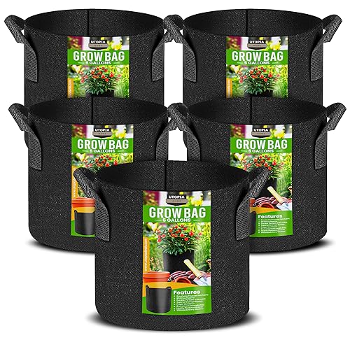 Utopia Home 5 Pack 5 Gallon Grow Bags, Thickened Nonwoven Plant Fabric Pots with Handles, Grow Pots, Plant Bags, Aeration Planting Bags, Fabric Planter Bags for Fruits, Vegetables and Flowers