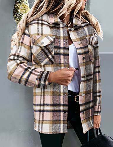 Magritta Winter Plaid Shirts for Women with Pockets Cuffed V Neck Collared Long Sleeve Roll Up Button Down Shacket Jacket Petite Tops Pink Small