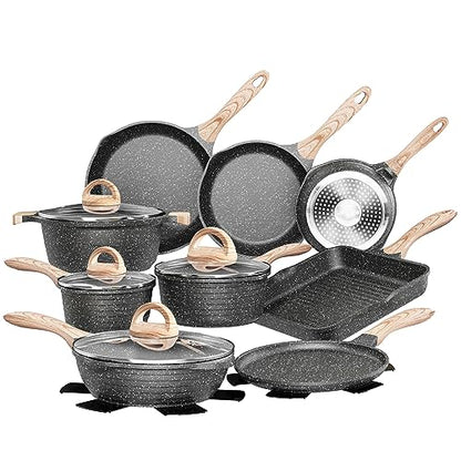 JEETEE Kitchen Pots and Pans Set Nonstick, Induction Granite Coating Cookware Sets with Frying Pan, Saucepan, Sauté Pan, Griddle Pan, Crepe Pan, Cooking Pots, PFOA Free, (Grey, 20pcs Set)