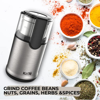 Kaffe Electric Coffee Bean Grinder w/Removable Cup & Cleaning Brush. Easy On/Off Operation for Espresso, Cold Brew, Herbs, Spices, Nuts. (14 Cup / 3.5oz) Stainless Steel