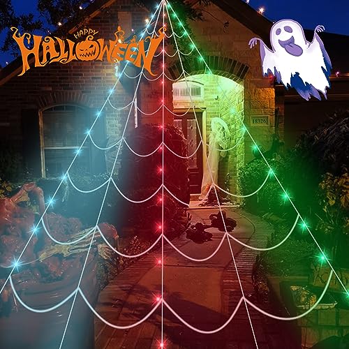 Halloween Decorations Outdoor 270'' Triangular Spider Web with LED Lights, Halloween Decor Indoor Clearance for Home Outside Yard Costumes Party Haunted House Garden Lawn