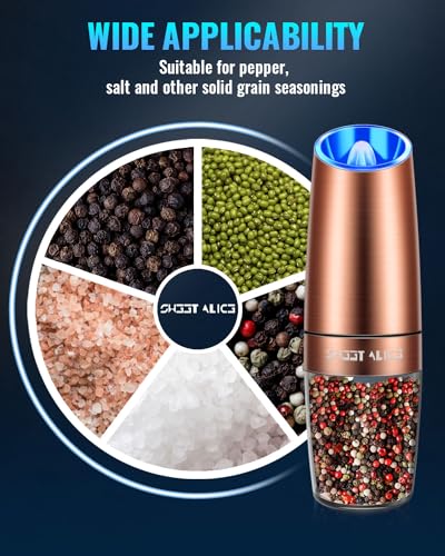 Gravity Electric Pepper/Salt Grinder, Salt or Pepper Mill, Adjustable Coarseness, Battery Powered with LED Light, One Hand Automatic Operation, Stainless Steel (Single/Copper)