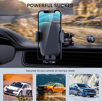 Car Phone Holder Mount [Military-Grade Suction & Stable Hook] Phone Mount for Car Windshield Dashboard Air Vent Universal Hands-Free Automobile Mounts Cell Phone Holder Fit for iPhone Smartphones