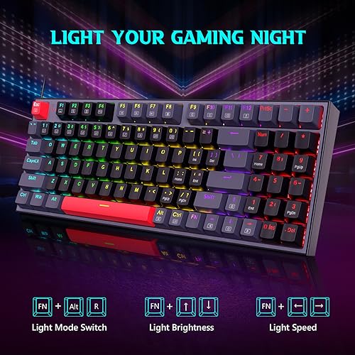 Redragon Mechanical Gaming Keyboard, Wired Mechanical Keyboard with 94 Keys, Programmable Macro Editing, Numeric Pad, Red Switches, Compact Keyboard Mechanical for Pc Mac Ipad, Black Gray