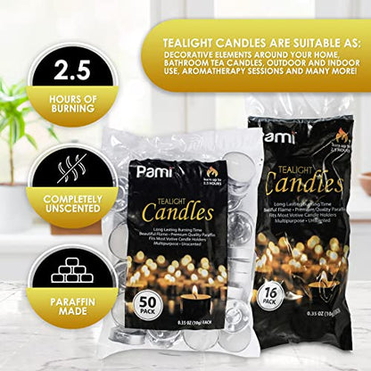 PAMI Premium Long-Lasting Tealight Candles [50-Piece Bag] - Unscented Tea Candles with 2.5 Hours Burning Time- Paraffin Tealights with Beautiful Flame- Round Candles Perfect for Votive Candle Holders