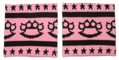 Knit Black Brass Knuckles & Stars on Light Pink Wristbands from Sourpuss Clothing (Set of 2)