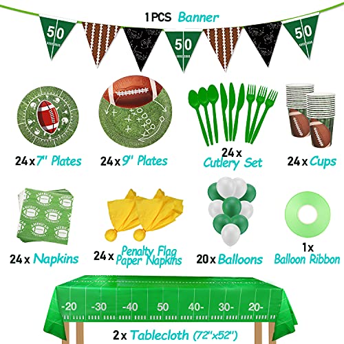 Football Party Supplies and Decorations Set-Serves 24 Include Tablecloth,Plates, Flatware, Cups and Penalty Flag Paper Napkins,Hanging Swirl,Banner,Balloons for Super Bowl Party