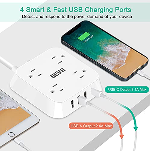 Power Strip with USB C, 4 Widely Spaced Outlets and 4 USB Ports 5 FT Extension Cord, BEVA Surge Protector Power Strip Mountable USB Power Strip 1250W/10A for College Essentials Dorm Room Essentials