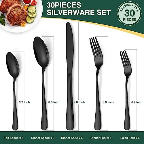 30-Piece Black Silverware Set, Blingco Black Flatware Set for 6, Food-Grade Stainless Steel Cutlery Set, Tableware Eating Utensils with Gift Box for Home Restaurant, Mirror Polished, Dishwasher Safe