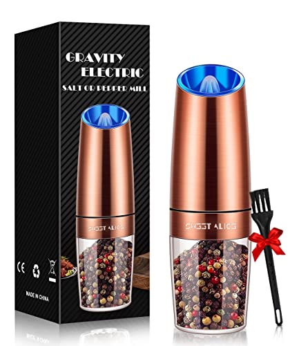 Gravity Electric Pepper/Salt Grinder, Salt or Pepper Mill, Adjustable Coarseness, Battery Powered with LED Light, One Hand Automatic Operation, Stainless Steel (Single/Copper)