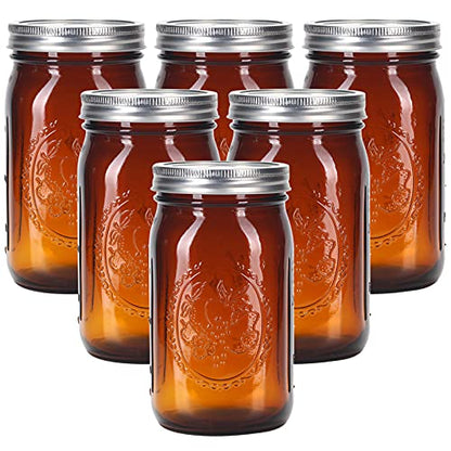 eleganttime Amber Glass Mason Jars 32 oz Wide Mouth with Airtight Lids and Bands 6 Pack Large Glass Canning Mason Jars Quart,Great for Canning Jar Pickle Fermenting Jam Jar