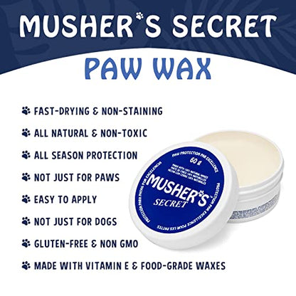 Musher's Secret Dog Paw Wax 60 g (2.1 oz) - Moisturizing Dog Paw Balm that Creates an Invisible Barrier That Protects and Heals Dry Cracked Paws - All-Natural with Vitamin E and Food-Grade Ingredients