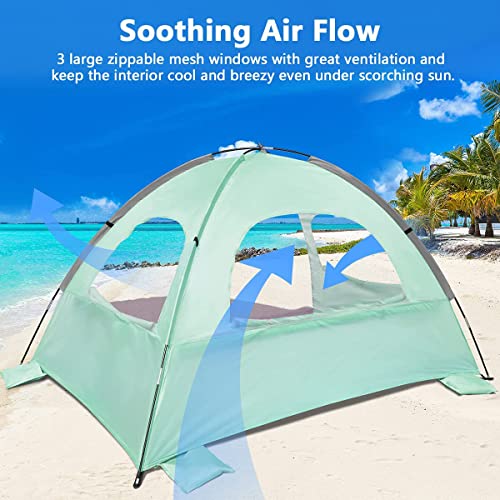 NXONE Beach Tent Sun Shade Shelter for 2-3 Person with UV Protection, Extended Floor, 3 Mesh Roll Up Windows & 8.0mm Fiberglass Rods丨Carry Bag, Stakes, Guy Lines Included (Mint Green)