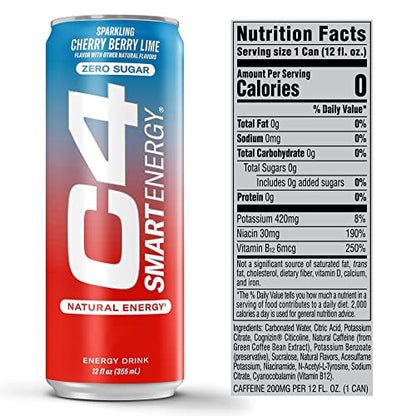 C4 Smart Energy Drink - Sugar Free Performance Fuel & Nootropic Brain Booster, Coffee Substitute or Alternative | Cherry Berry Lime 12 Oz - 12 Pack