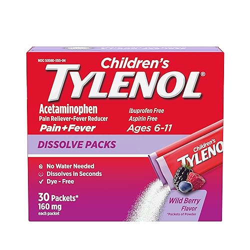 Tylenol Children's Dissolve Packs for Pain Relief, Fever Medication, 160 mg Acetaminophen, Dye Free, Kids' Powder Packets for Cold & Flu Symptom Relief; Wild Berry Flavor, 30 ct.; Pack of 1