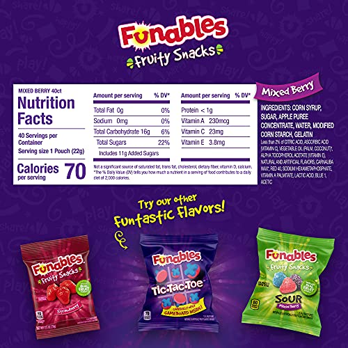 Funables Fruity Snacks, Back to School Snacks, Mixed Berry Fruit Flavored Snacks, Pack of 40 0.8 ounce Pouches