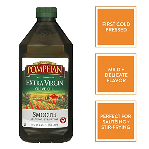 Pompeian Smooth Extra Virgin Olive Oil, First Cold Pressed, Mild and Delicate Flavor, Perfect for Sauteing & Stir-Frying, 68 Fl Oz