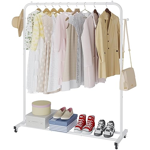 Boeeoan Garment Rack, Freestanding Simple Single Pole Clothes Rack With Wheels, Coat Rack, Multi-functional Rolling Clothing Storage Rack With 2 Hooks for Bedroom, Laundry Room, Living-room, White