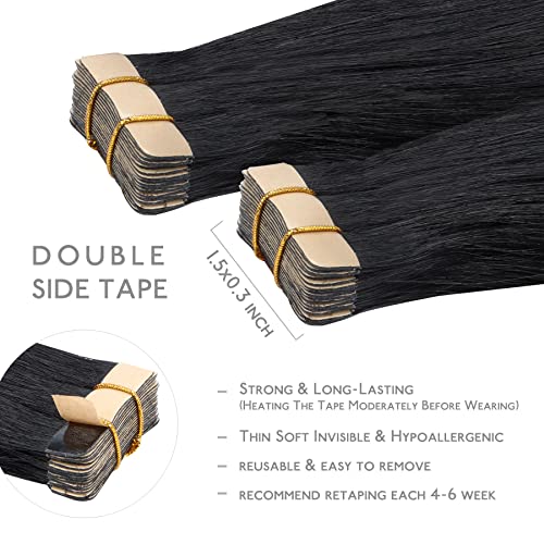 WENNALIFE Tape in Hair Extensions Human Hair, 20pcs 50g 16 inch Jet Black Remy Hair Extensions Straight Human Hair Tape in Extensions Skin Weft Tape Extensions Human Hair