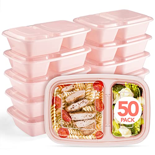 50 Pack Pink Meal Prep Containers 2 Compartments, Glotoch 32OZ to Go Containers for Food, Disposable Plastic Food Containers with Lids for Microwave Dishwasher Freezer Safe