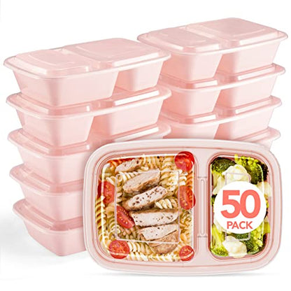 50 Pack Pink Meal Prep Containers 2 Compartments, Glotoch 32OZ to Go Containers for Food, Disposable Plastic Food Containers with Lids for Microwave Dishwasher Freezer Safe