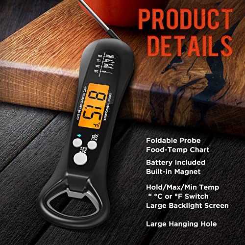 Instant Read Meat Thermometer for Cooking, Fast & Precise Digital Food Thermometer with Backlight, Magnet, Calibration, and Foldable Probe for Deep Fry, BBQ, Grill, and Roast Turkey,LCD