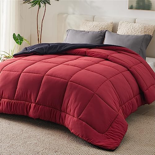 Bedsure Queen Reversible Comforter Duvet Insert - All Season Quilted Comforters Queen Size, Down Alternative Queen Size Bedding Comforter with Corner Tabs - Red/Black