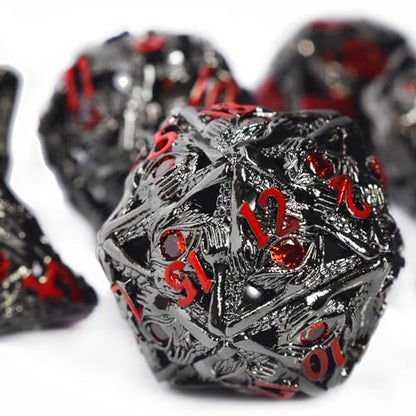 RULE DICE Metal DND Dice Set, 7pcs Hollow Jeweled Eyes Metal D&D Dice Set, 70 Natural Gemstones Hand-Set Collector's Grade DND Dice Set, Suitable for Role Playing Game D & D Dice (Golden and Ruby)