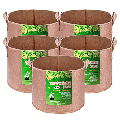 VIVOSUN 5-Pack 2 Gallons Grow Bags Heavy Duty Thickened Nonwoven Fabric Pots with Strap Handles Tan