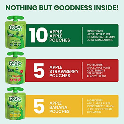 GoGo squeeZ Fruit on the Go Variety Pack, Apple, Banana & Strawberry, 3.2 oz (Pack of 20), Unsweetened Snacks for Kids, Gluten Free, Nut and Dairy Free, Recloseable Cap, BPA Free Pouches