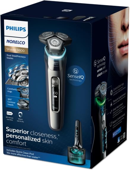 Philips Norelco 9800 Rechargeable Wet & Dry Electric Shaver with Quick Clean, Travel Case, Pop up Trimmer, Charging Stand, S9987/85