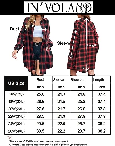 IN'VOLAND Women's Button Down Flannel Shirts Plaid Shacket Long Sleeve Collared Plus Size Long Jacket Coats 26W