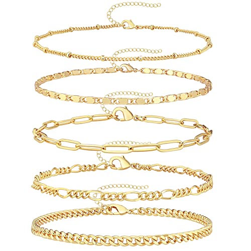 Reoxvo Gold Bracelets Jewelry Gifts Set for Women Fashion Dainty Gold Adjustable Layered Link Chain Bracelet Pack for Women 14K Real Gold Cute 5pcs