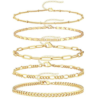 Reoxvo Gold Bracelets Jewelry Gifts Set for Women Fashion Dainty Gold Adjustable Layered Link Chain Bracelet Pack for Women 14K Real Gold Cute 5pcs