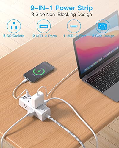 Power Strip Surge Protector - 6 Widely Outlets with 3 USB Ports (1 USB C), 3-Side Outlet Extender Strip with 5 Ft Extension Cord, Flat Plug, Wall Mount, Small Power Strip for Travel Dorm Room Office