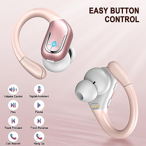 Wireless Bluetooth Earbud Sport, Bluetooth 5.3 Headphones with Noise Cancelling Mic, 90H HiFi Stereo Over Ear Earbud with LED Display and USB-C, IP7 Waterproof Earphones, Button Control, Rose Gold